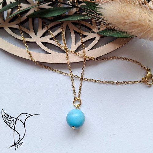 Collier inoxydable doré pendentif turquoise