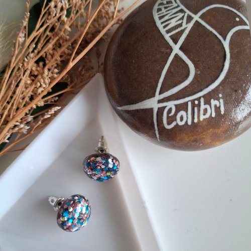 Boucles d'oreilles puces paillettes bleu et rose