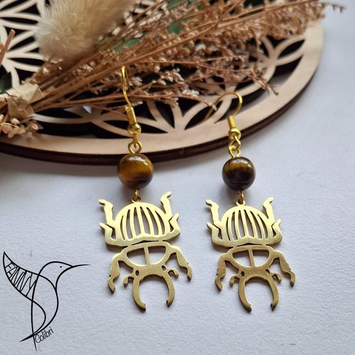 Boucles d'oreilles œil de tigre et scarabées
