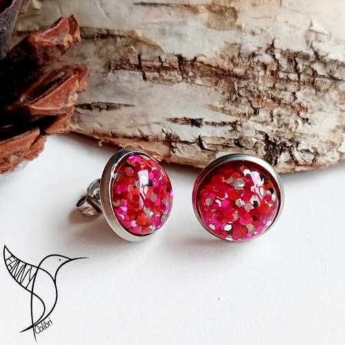 Boucles d'oreilles puces paillettes fuschia