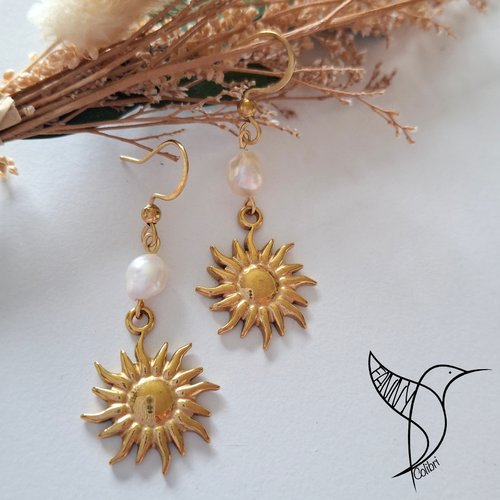 Boucles d'oreilles soleil et perles d'eau douce