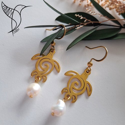 Boucles d'oreilles tortues et perles d'eau douce