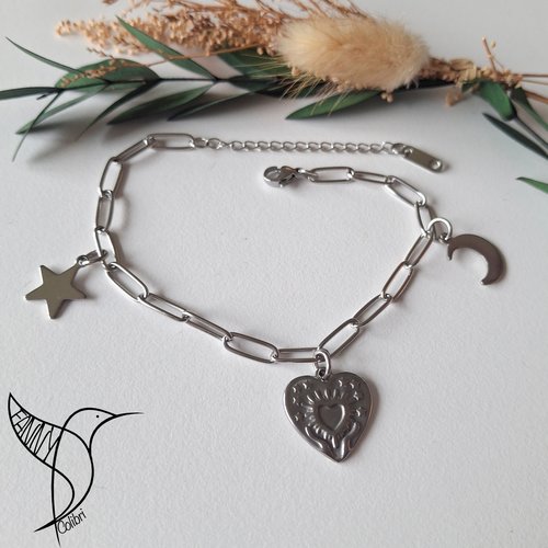 Bracelet réglable inoxydable 3 charms luna
