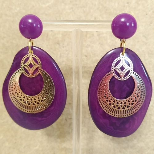 Boucles d'oreilles tagua violet et estampe orientale en acier inoxydable doré .