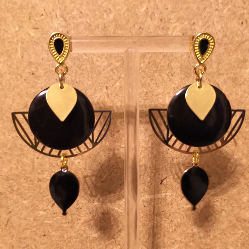 Boucles d'oreilles sequins émaillés et acier inoxydable doré .