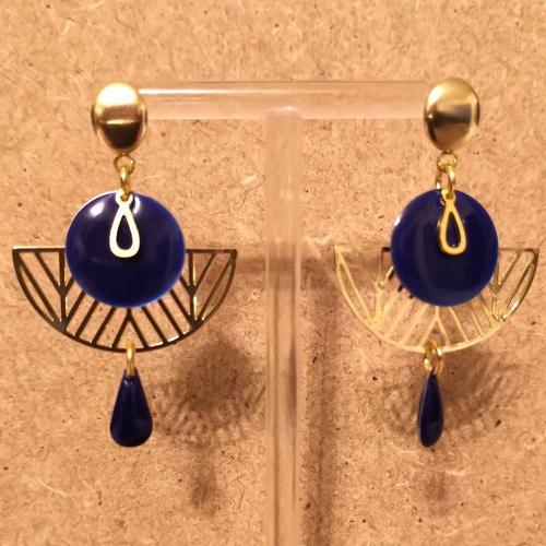 Boucles d'oreilles sequins émaillés et acier inoxydable doré .