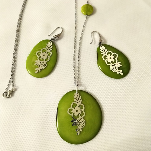 Parure florale ivoire végétal vert clair et estampe fleurs acier inoxydable argenté .