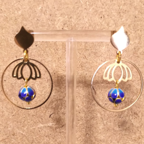 Boucles d'oreilles perles émaillées bleu turquoise et bleu roi .