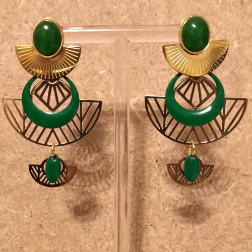 Boucles d'oreilles sequins émaillés faits mains  . acier inoxydable doré .