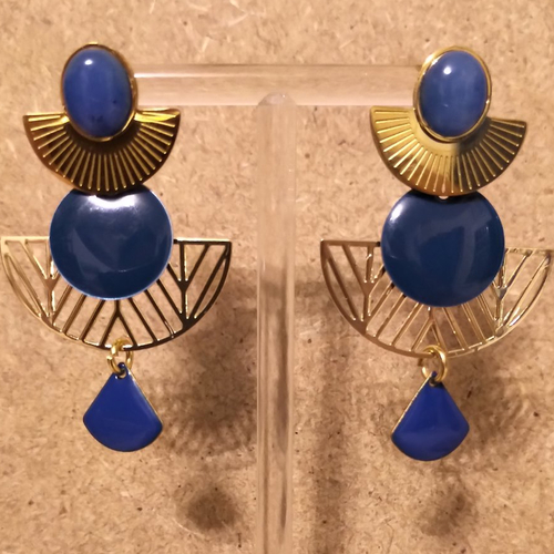Boucles d'oreilles sequins émaillés bleu marine .