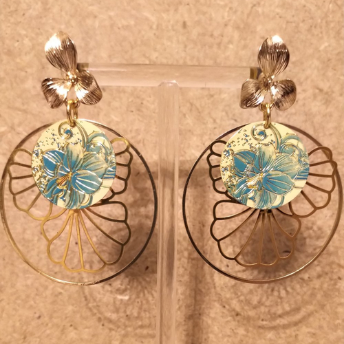 Boucles d'oreilles sequin émaillé .  acier inoxydable doré .