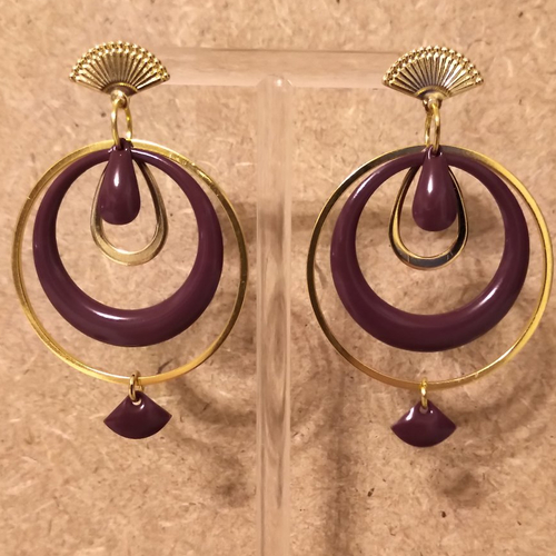Boucles d'oreilles sequins émaillés et acier inoxydable doré .