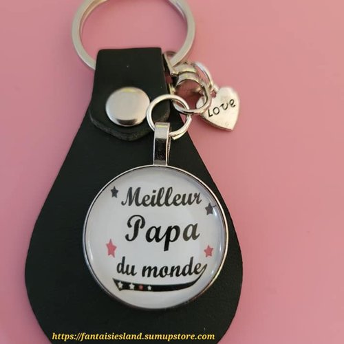 Porte-clés argenté meilleur papa du monde avec pièce simili cuir