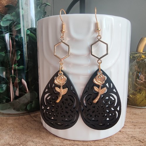 Boucles d'oreilles pendantes, symétrique noires et dorées