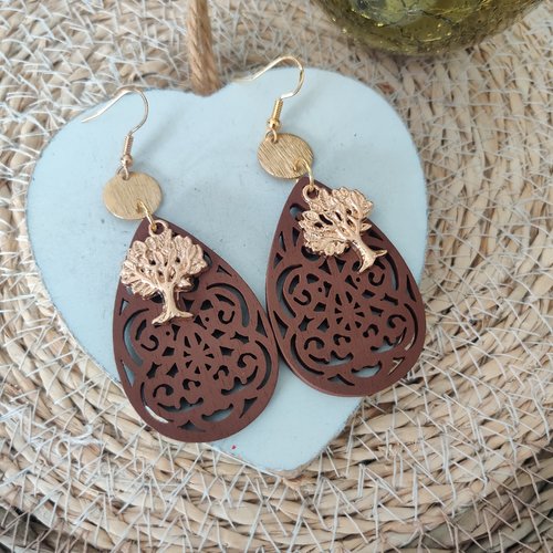 Boucles d'oreilles pendantes  marrons et dorées
