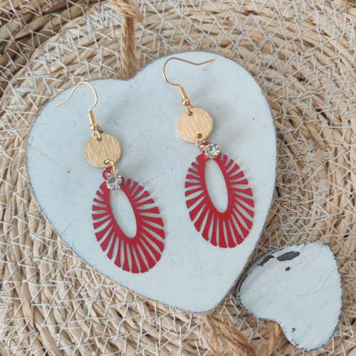 Boucles d'oreilles pendantes, symétrique doré et rouge