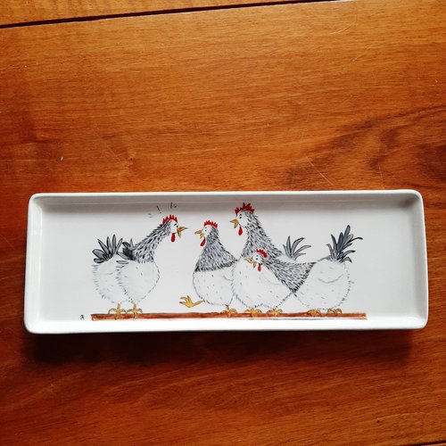 Plat cake en porcelaine  motif  poules