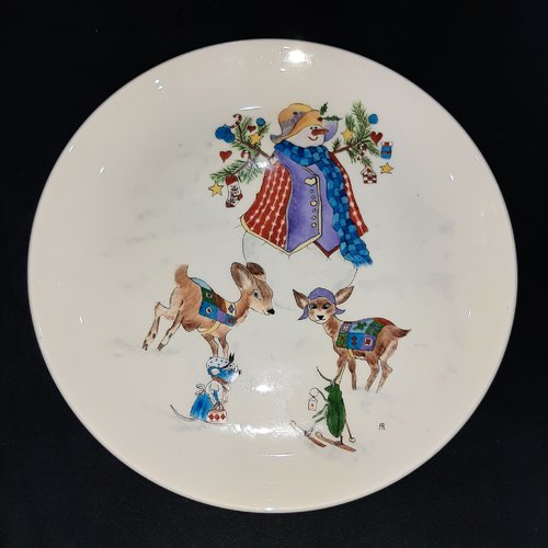 Plat en  porcelaine motif bonhomme de neige