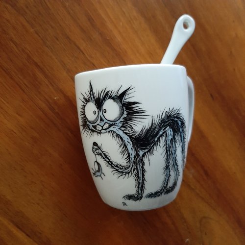 Mug avec cuiller motif  chat ebouriffé