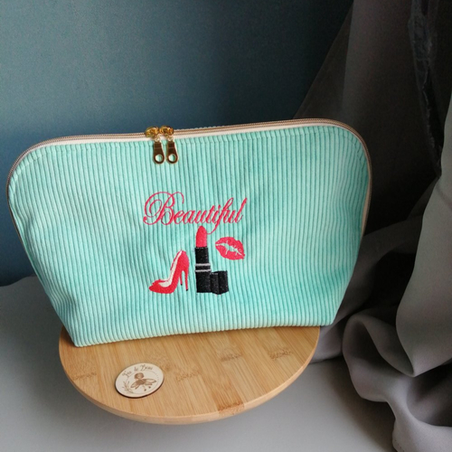 Nouveaute 2025 : trousse de toilette xl broderie "beautiful" en velours cotelé, doublure coton, avec 4 grandes poches, fait main