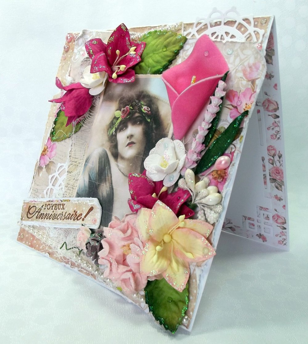 Carte Fleurie De Style Ancienne Pour Anniversaire Femme Tons Blanc Beige Rose Et Fushia Fait Main Un Grand Marche