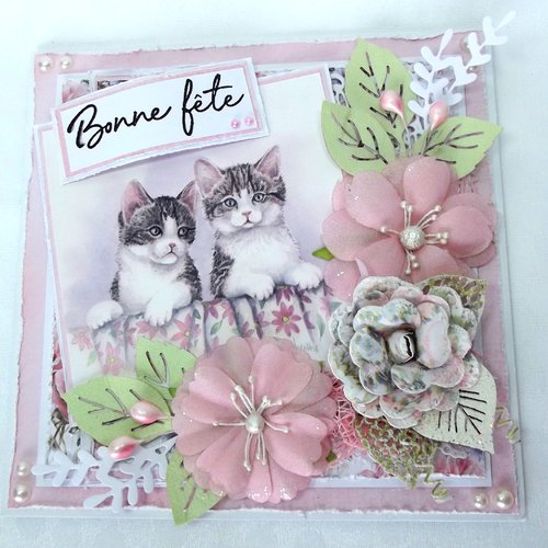 Carte Bonne Fete Theme Chatons Tons Blanc Rose Mauve Et Vert 15 X 15 Un Grand Marche