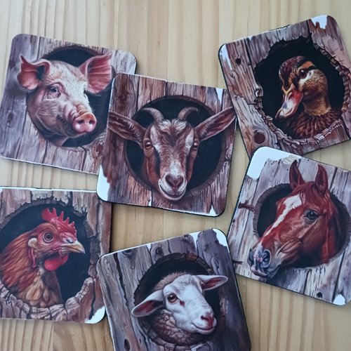 Lot de 6 sous verres, thème : les animaux