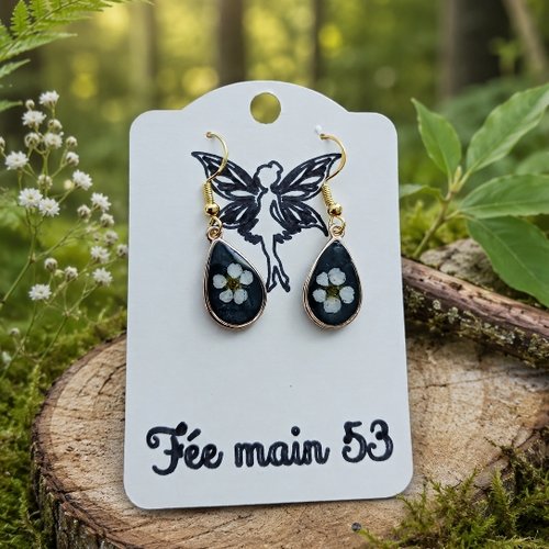 Boucles d'oreilles fleurs séchées, résine noire fait main