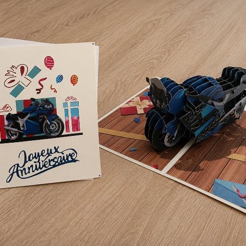 Carte anniversaire pop up "moto"