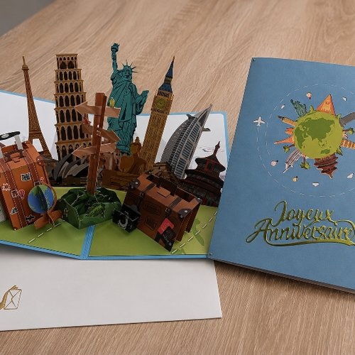 Carte anniversaire pop up "voyages"