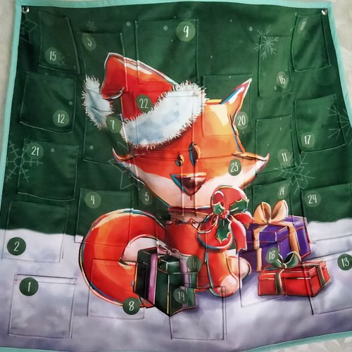 Calendrier de l'avent, velours ras, vert, renard de noël