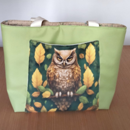 Sac cabas - simili cuir - vert - hibou