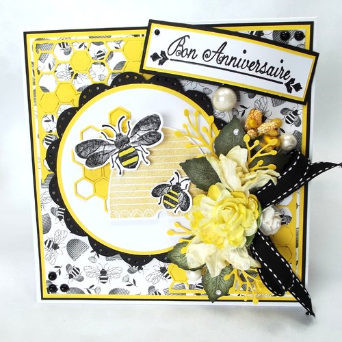 Carte Bon Anniversaire Theme Abeille Tons Blanc Blanc Noir Jaune 15 X 15 Un Grand Marche