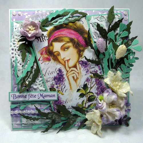 Carte Bonne Fete Maman Theme Femme Vintage Tons Blanc Mauve Jaune Et Vert 15 X 15 Un Grand Marche