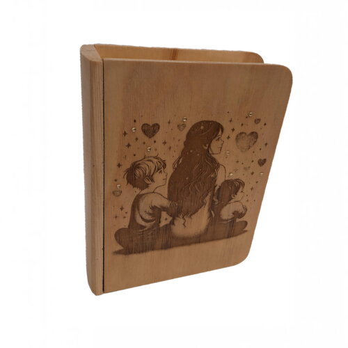 Livre tiroir en bois gravé mère et fils ou bien fratrie face un ciel de cœurs boite à bijoux, trésors, souvenirs