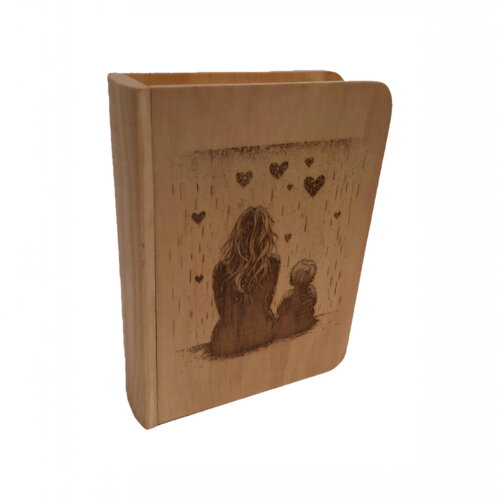 Livre tiroir en bois gravé mère e fils sous un ciel de cœurs boite à bijoux, ... coffret personnalisable