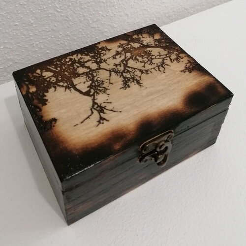 Coffret en bois gravée de branches sur un fond de frondaison de forêt broche bijoux pierre cristaux huiles essentielles
