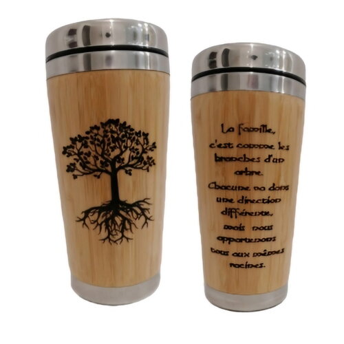 Mug  gourde isolante hermétique en bois gravé arbre de vie celtique et message dédié à la famille tasse de transport