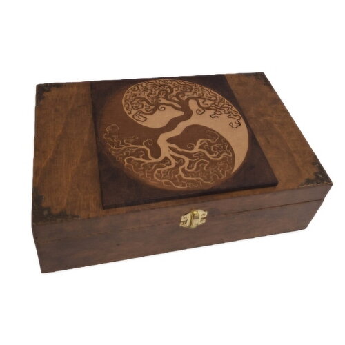 Grande boite gravée arbre de vie celtique yin yang pour huiles essentielles, thé bijoux  pierres cristaux 4 compartiments