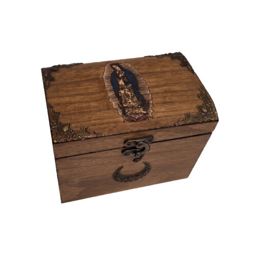 Coffret en bois notre dame de guadalupe sainte vierge marie rangement objets religieux, chapelet souvenirs prêtre baptême communion