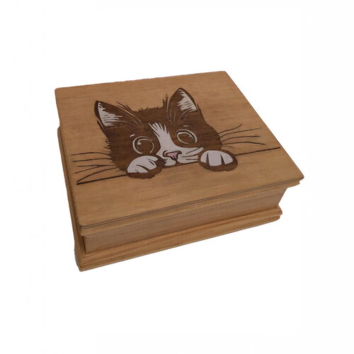 Boîte gravée d'un chat espiègle, type boite avec moulures à sucre ou accessoires divers, boite à souvenirs rf2