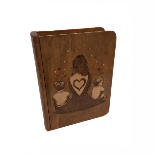 Livre tiroir en bois gravé mère &amp; fils sous une nuée de coeurs boite à bijoux, trésors, souvenirs, etc... coffret personnalisable