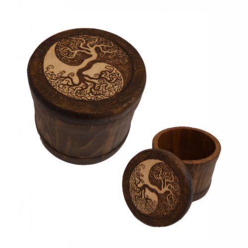Boîte ronde en bois gravée arbre de vie celtique yin yang petit boitier rangement pendule pierres cristaux bracelet pendentif bijoux