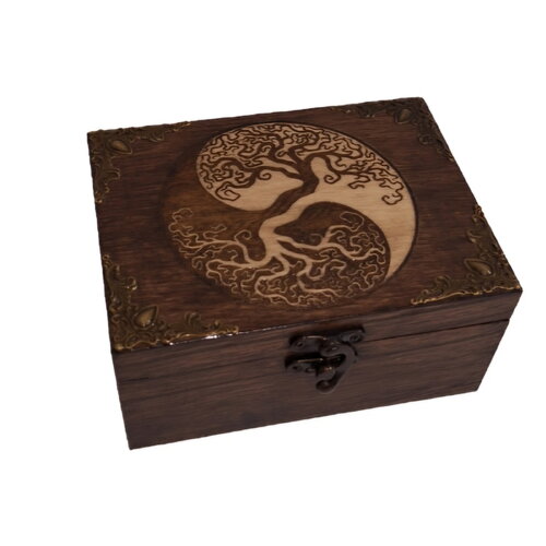 Boite en bois gravée arbre de vie celtique yin yang avec bronze  thé bijoux  pierres cristaux 2 compartiments