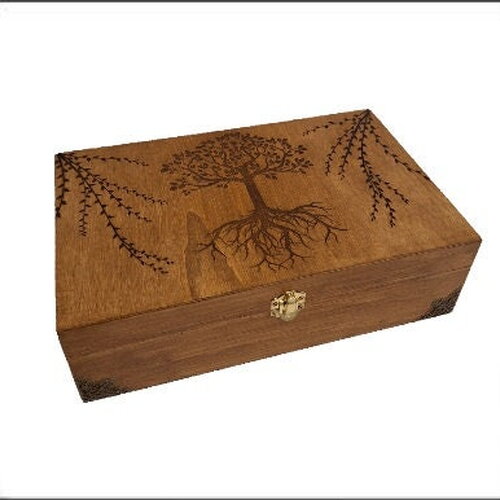 Grande boite gravée d'un arbre de vie celtique  branches à feuilles thé huile essentielle bijoux pierre cristaux