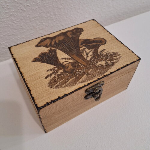 Coffret en bois gravé de champignons chanterelles d'automne, girolles boite de  rangement thé bijoux herbier