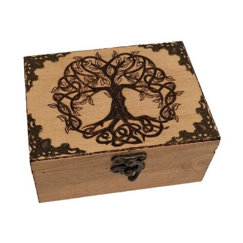 Boite en bois gravée arbre de vie celtique ornée de bronze à 2 compartiments thé bijoux huile essentielle pierres cristaux