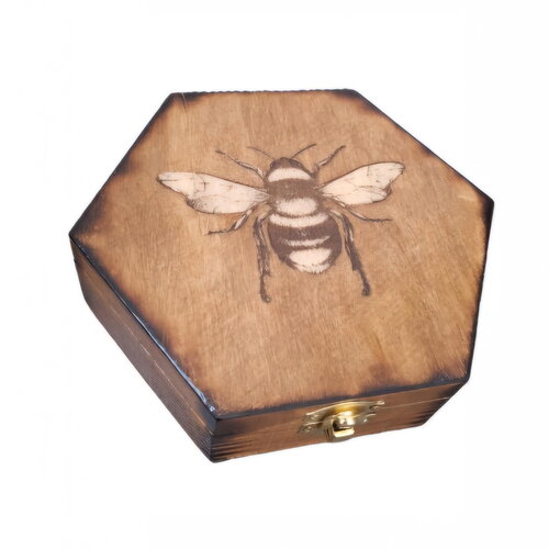Boîte en bois gravée d'une abeille  boitier en forme d'alvéole coffret en bois hexagonale type ruche