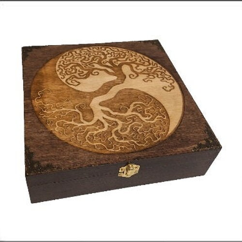 Boîte en bois gravée arbre de vie celtique yin yang et bronze pierres cristaux lithothérapie bijoux huiles essentielles thé couture