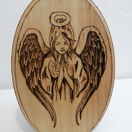 Portrait gravure en bois ovale du saint ange gardien en prière protection maison chambre d'enfant cadeau naissance communion noel
